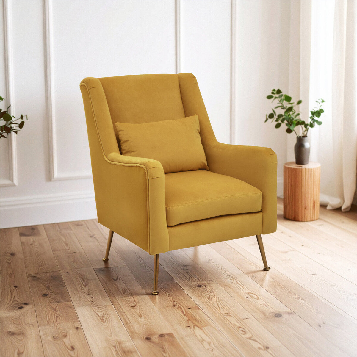 Doucet Yellow Velvet Chair With Gold Finish Legs