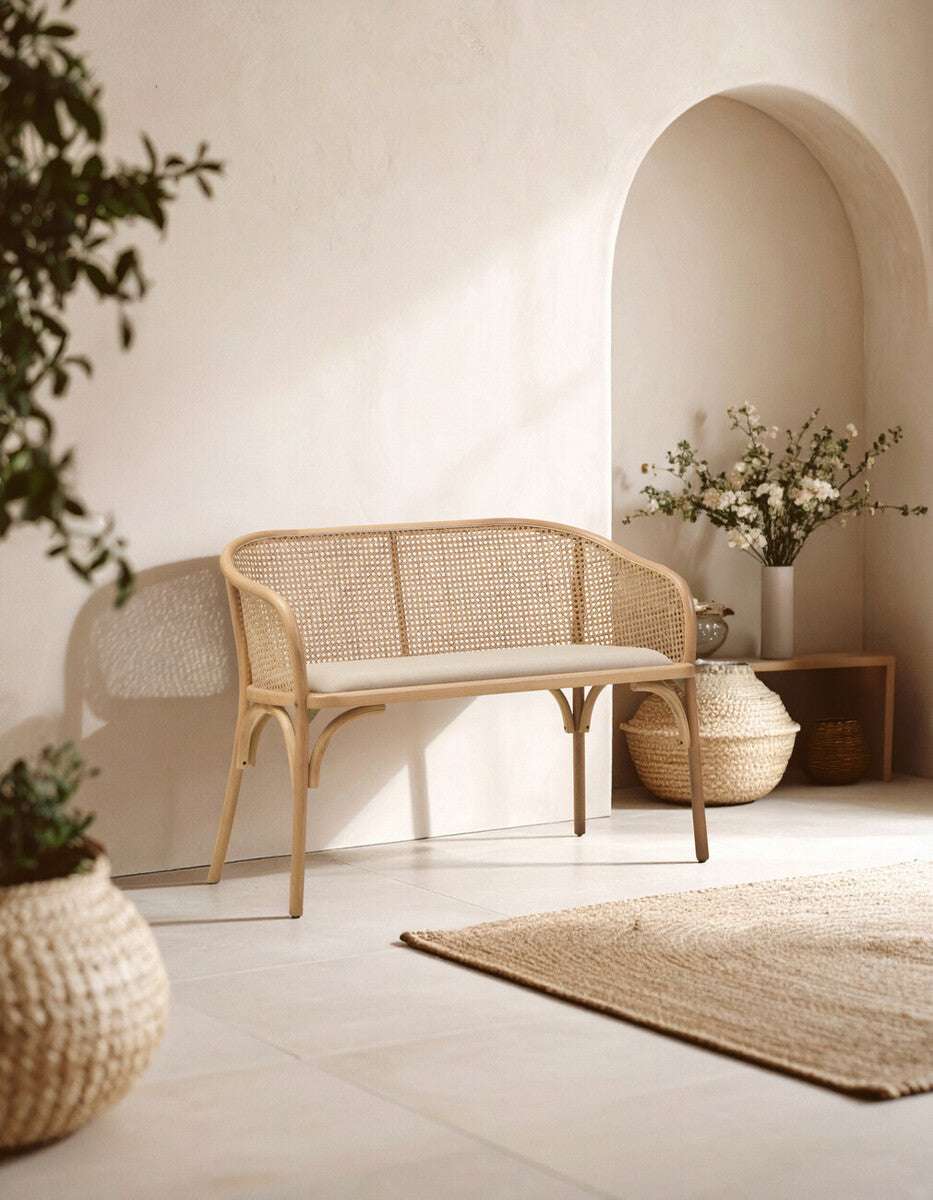 Cebu Natural Cane and Beech Wood Bench with Backrest