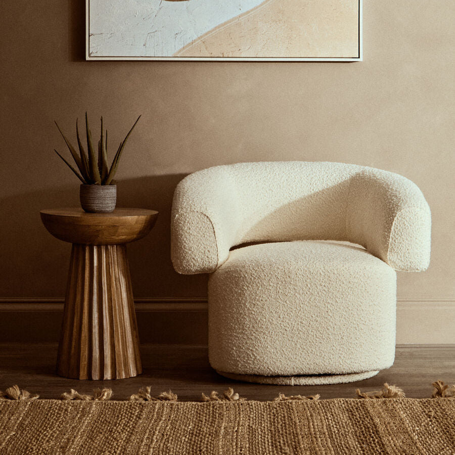 Oliveto Ivory Boucle Fabric Revolving Armchair