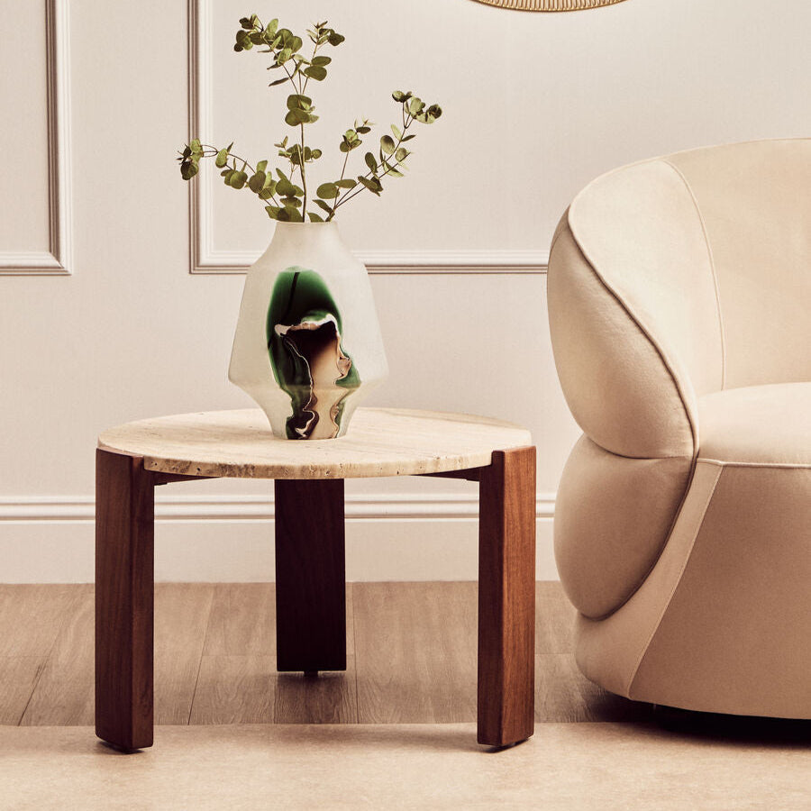 Palermo Natural Wood With Travertine Top Small Round Marble Coffee Table