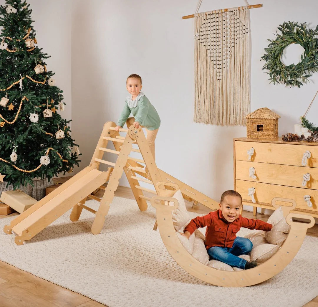 5in1 Montessori Climbing Frame: Pikler Triangle + Arch/Rocker + Slide Board/Ramp + Netting Rope + Cushion