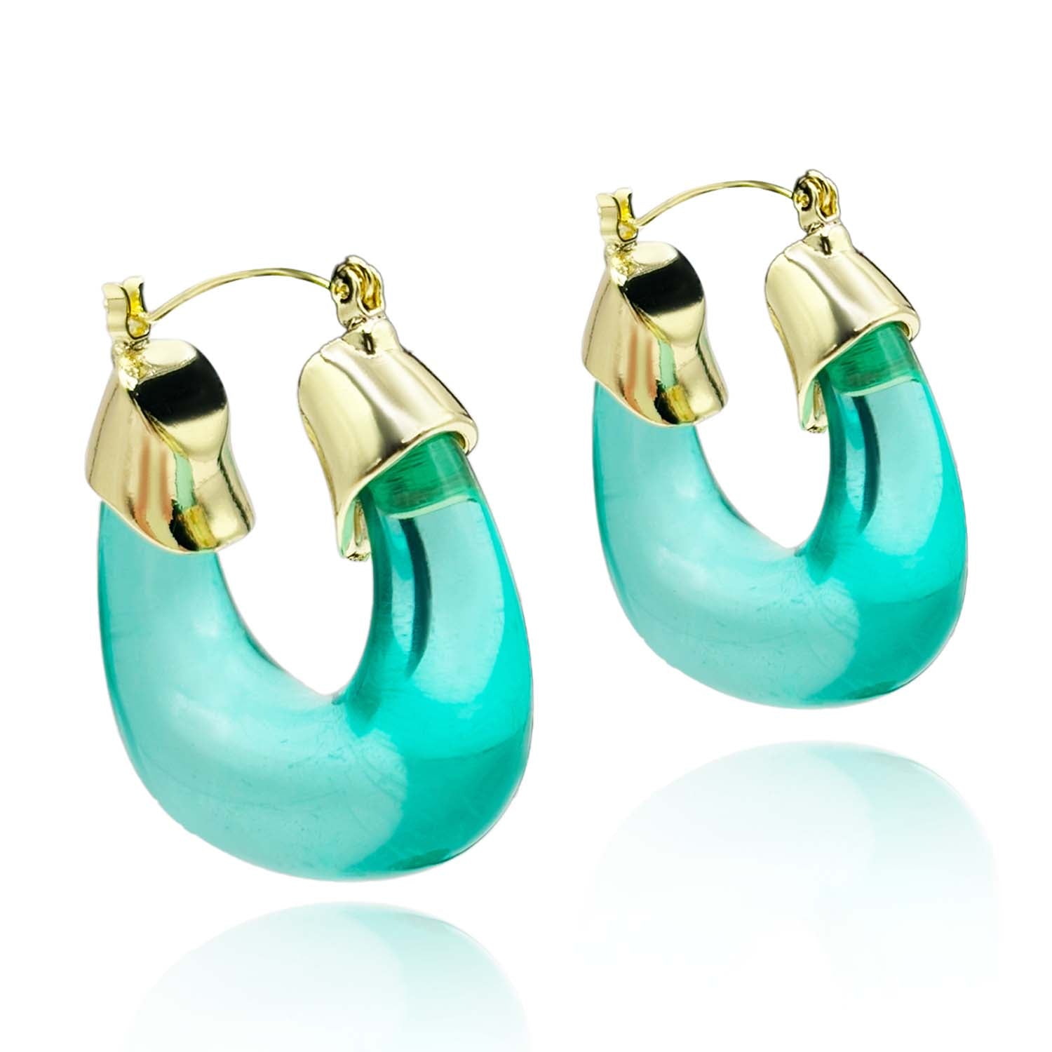 Transparent Teal Blue Resin and Gold Hoop Earrings