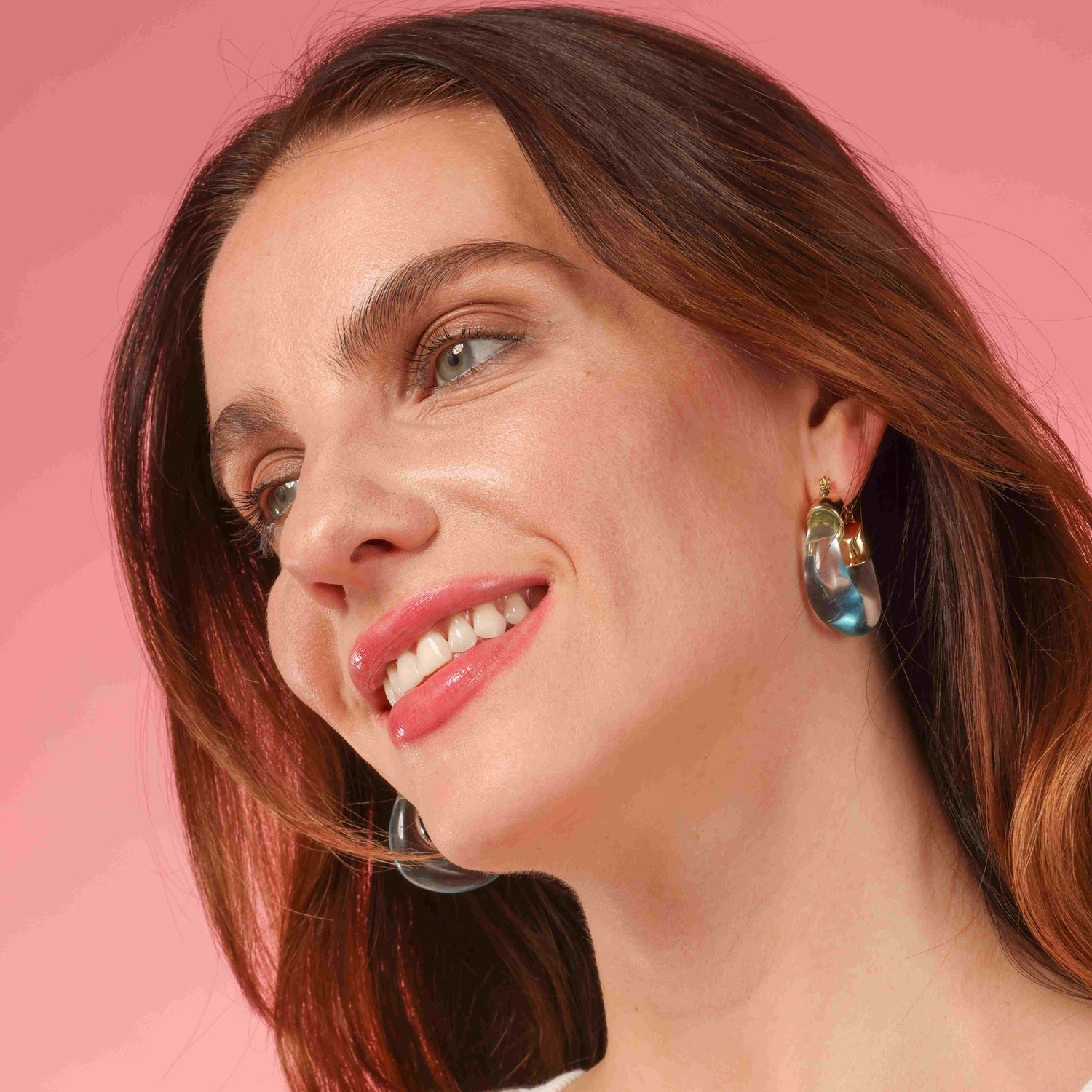 Transparent Aqua Resin and Gold Hoop Earrings