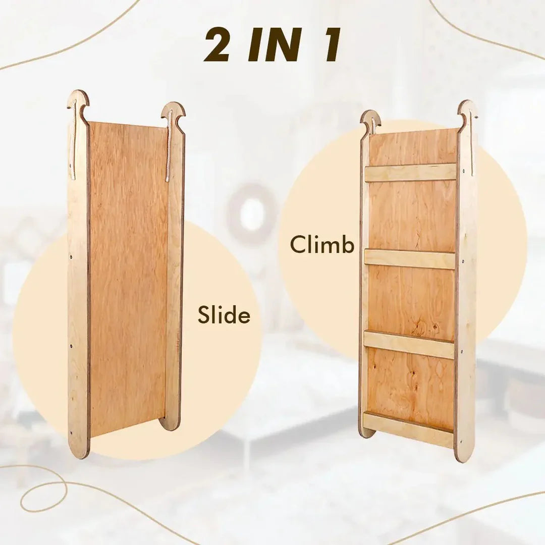 6in1 Montessori Climbing Frame: Pikler Triangle + Climbing Arch + Slide Board + Net + Cushion + Art Addition