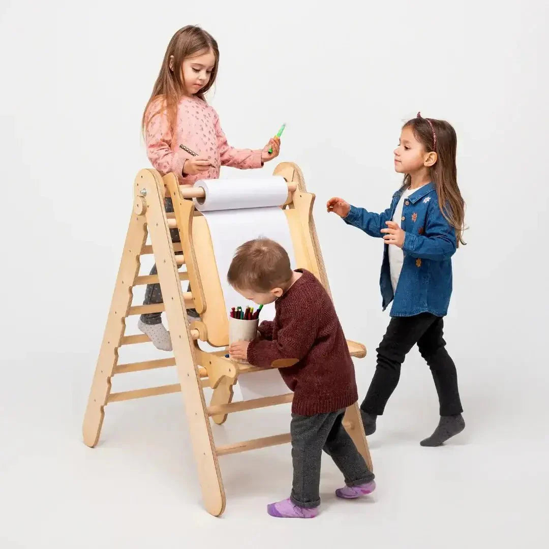 6in1 Montessori Climbing Frame: Pikler Triangle + Climbing Arch + Slide Board + Net + Cushion + Art Addition