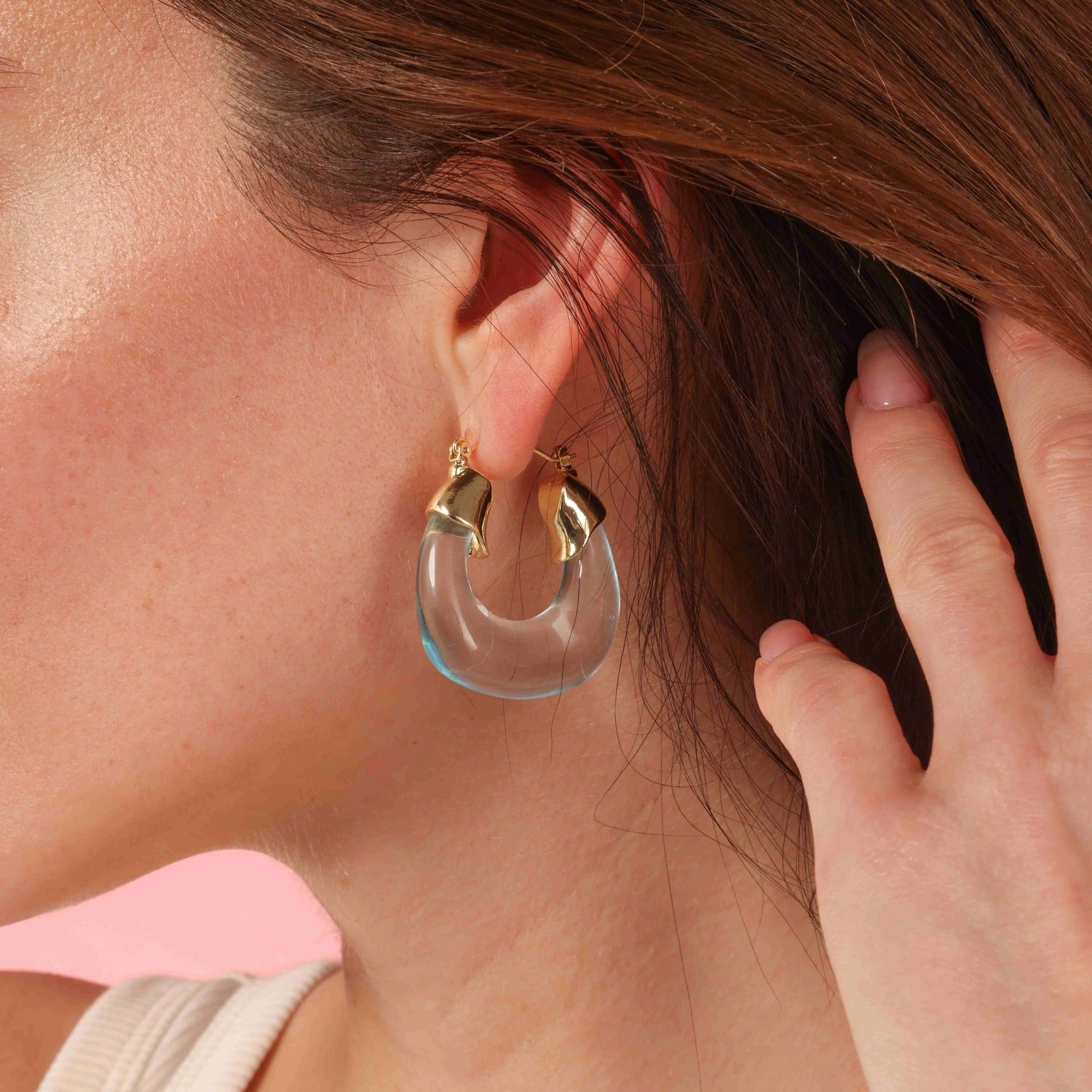Transparent Aqua Resin and Gold Hoop Earrings