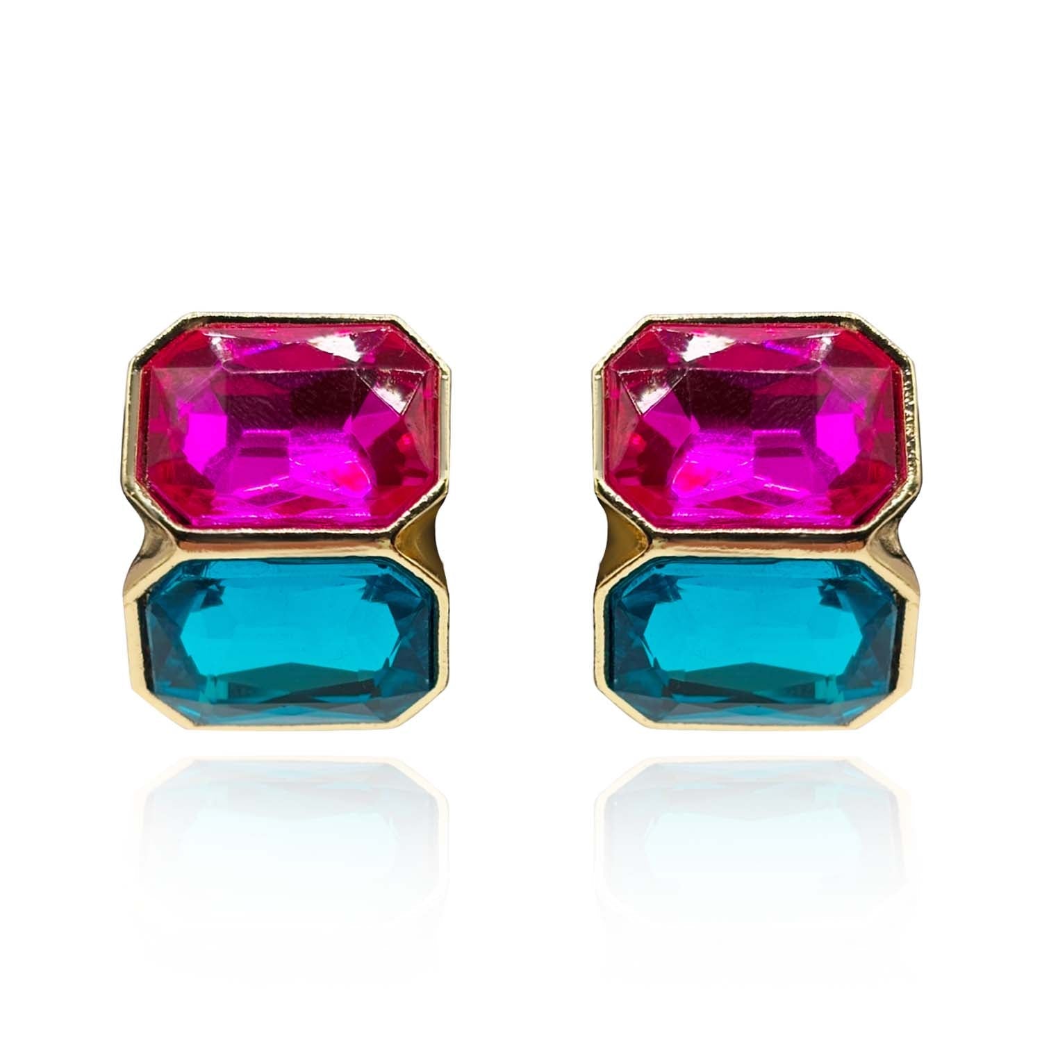Fuschia and Peacock Blue Double Stone Clip Earrings