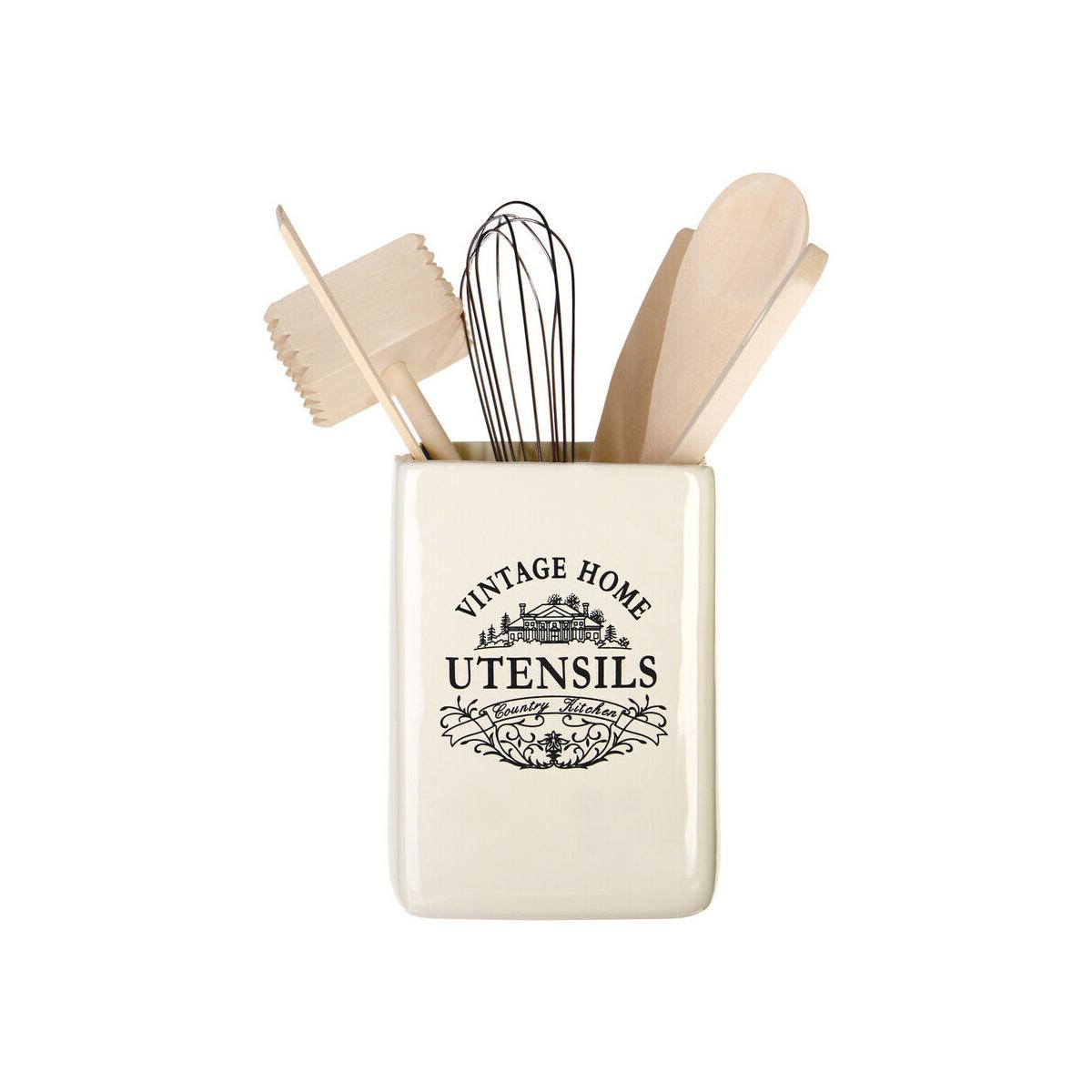 Vintage Home Square Cream Utensil Holder With 6 Utensils