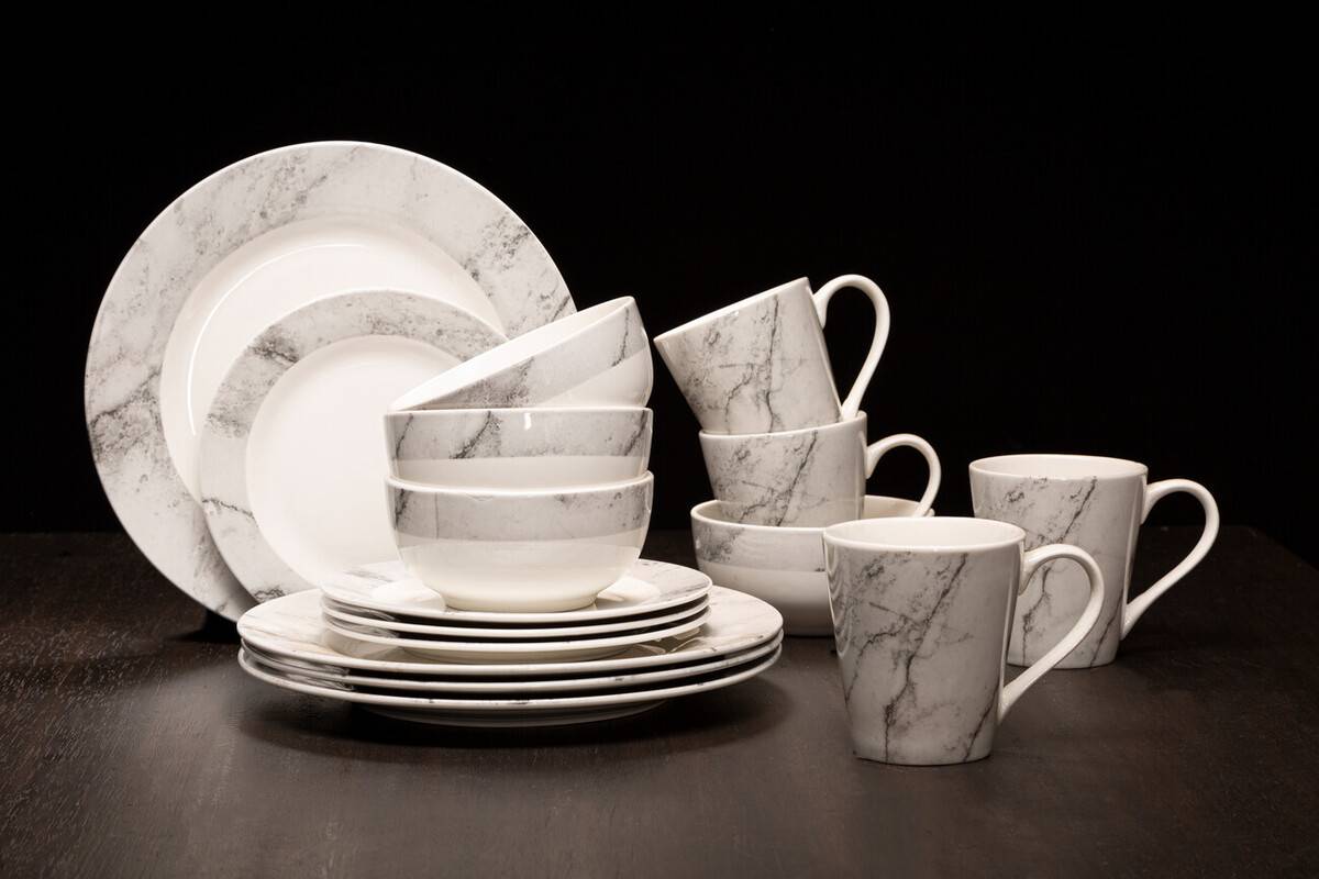 Avie 16 Piece White And Grey Marble Effect Dinner Set