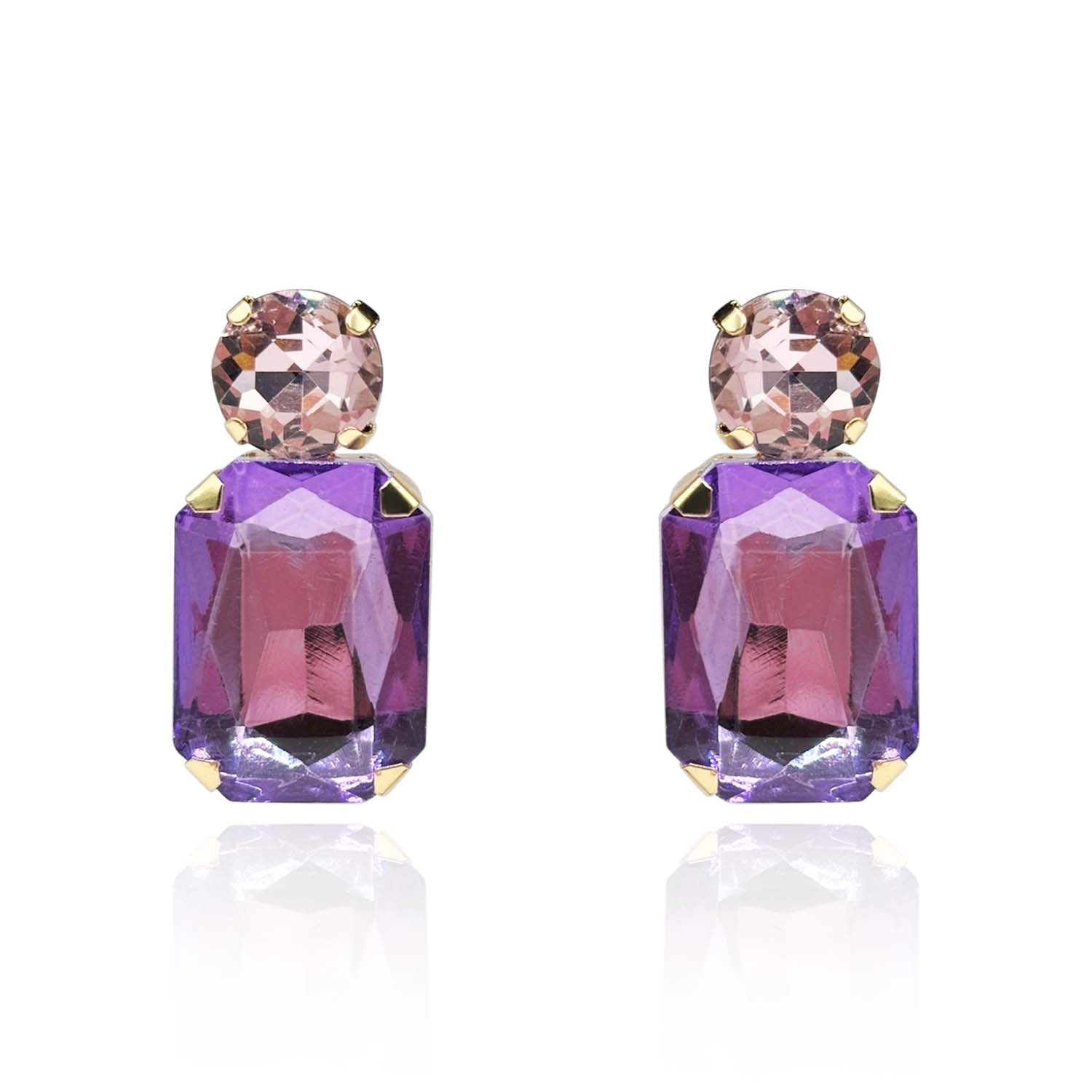 Light Amethyst Crystal Ocatgon and Light Rose Round Stone Drop Earrings