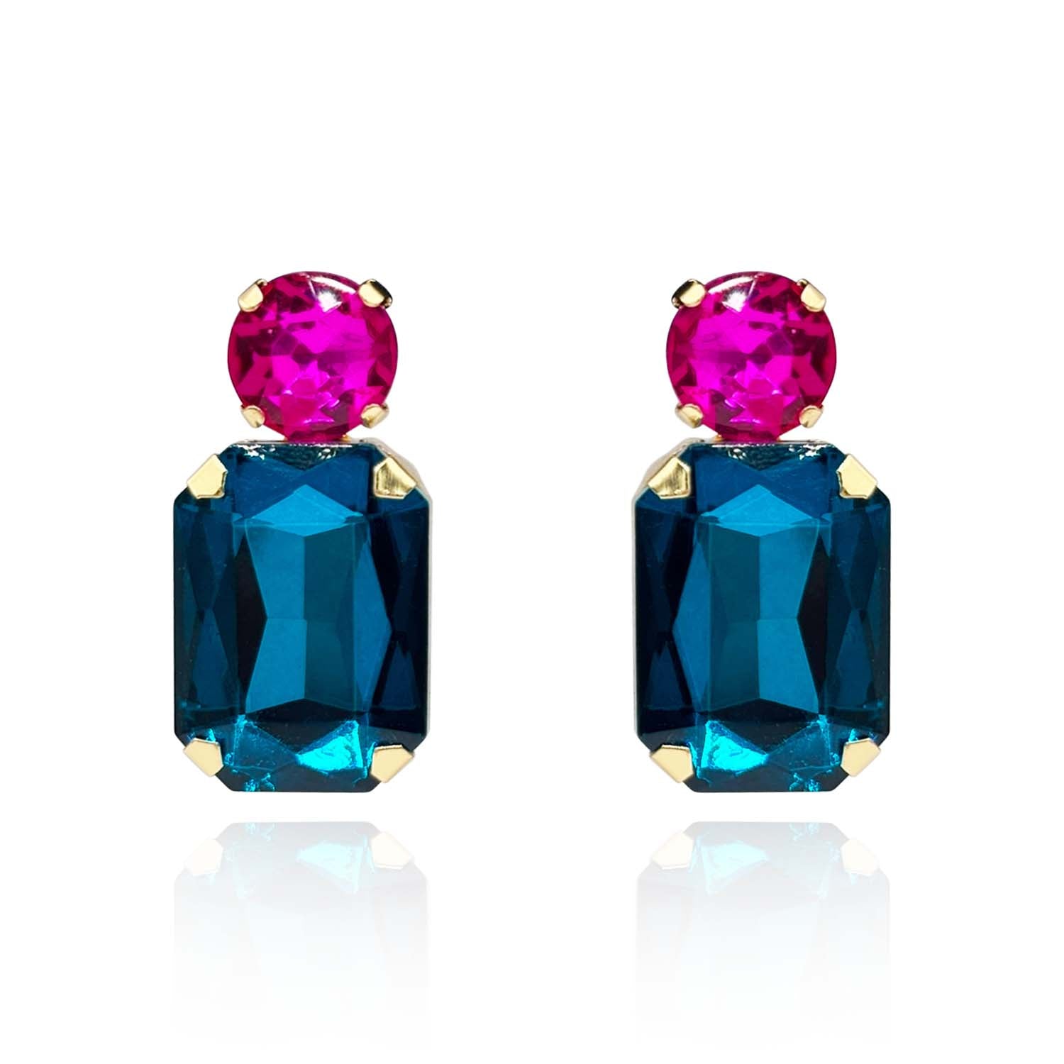 Peacock Blue Crystal Ocatgon and Fuschia Round Stone Drop Earrings