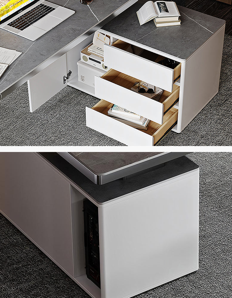 Abdi Corner Office Desk With Storage, Sintered Stone