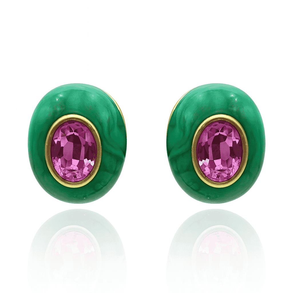 Stephanie Malachite Resin Pierced Earring With Pink Glass Stone