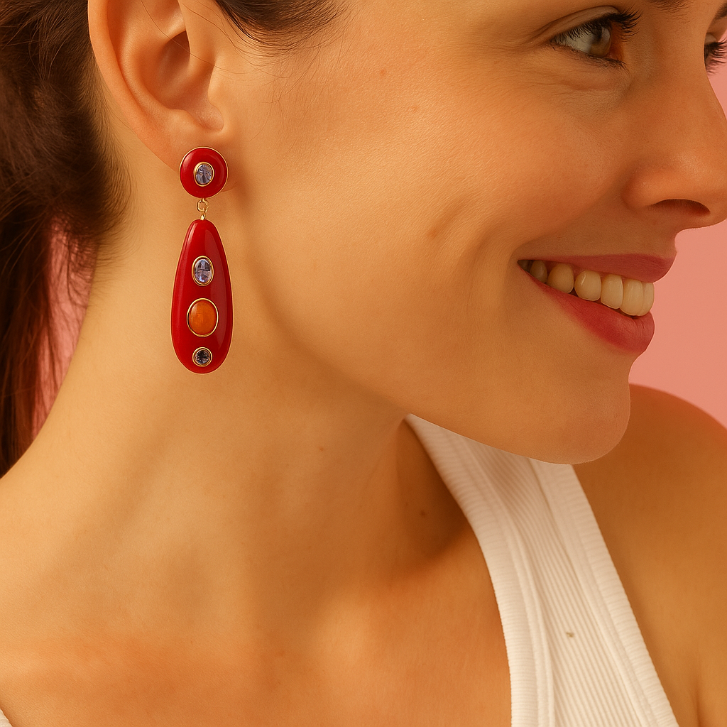 Sofia Rouge Resin and Enamel Pierced Earrings With Light Amethyst Crystal Stones