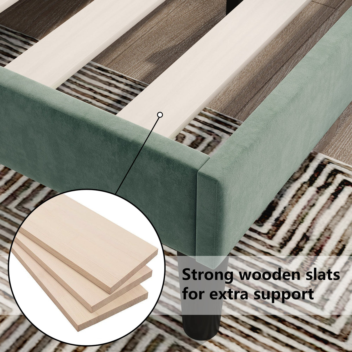 Single Bed Velvet Dark Green Upholstered Bed with Winged Headboard and Wood Slat Supports