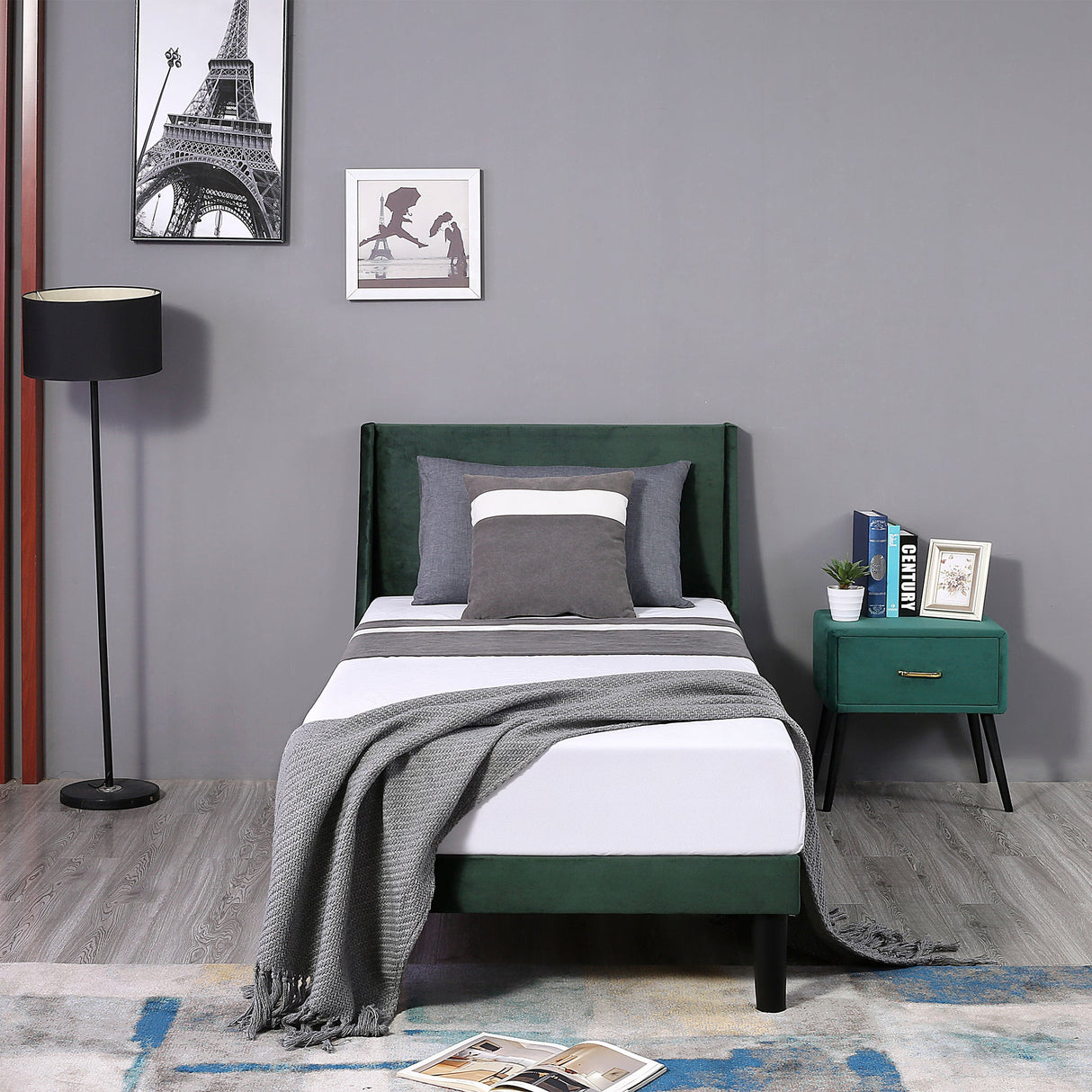 Single Bed Velvet Dark Green Upholstered Bed with Winged Headboard and Wood Slat Supports