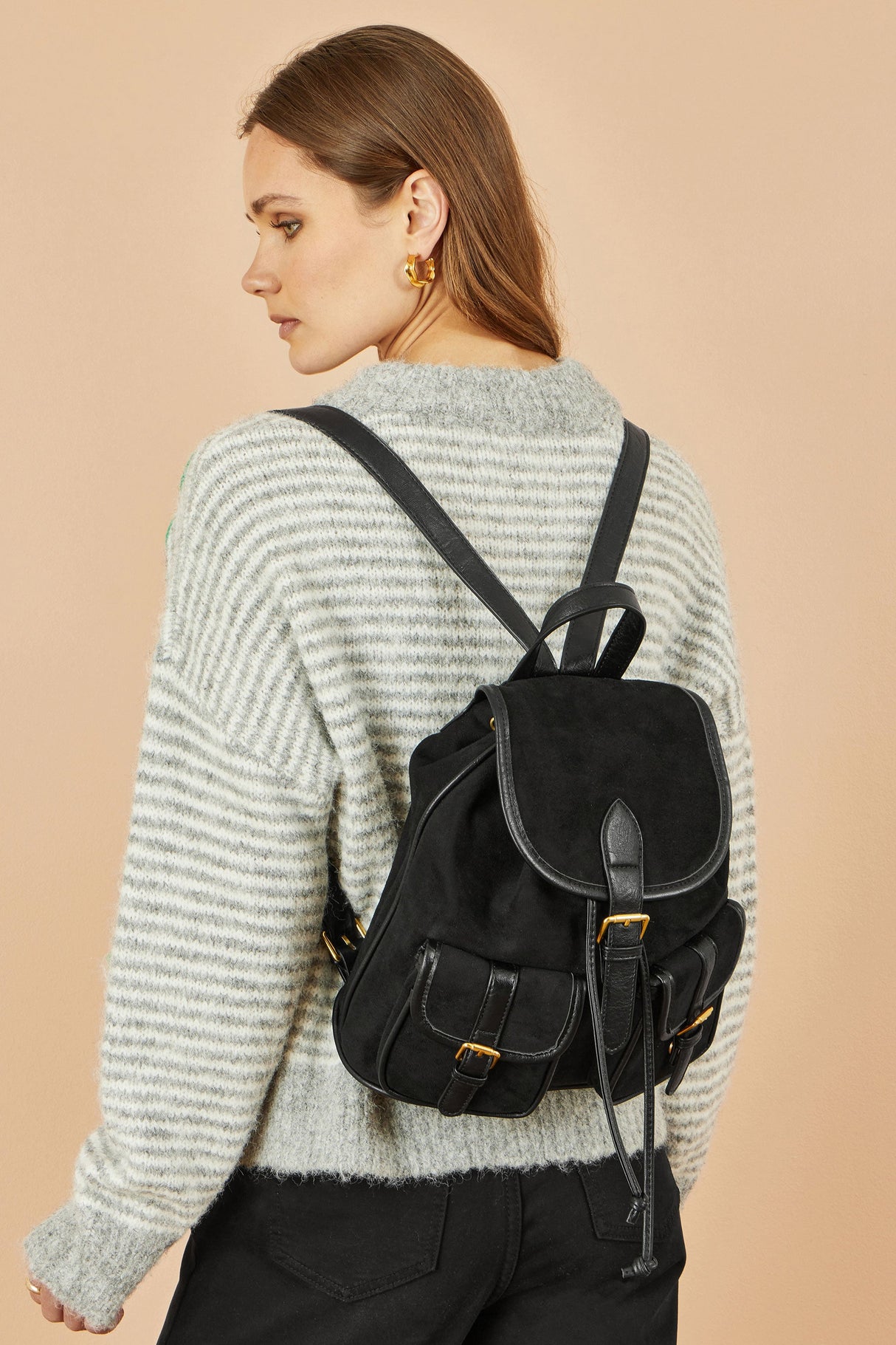 Yumi Black Faux Suede Pocket Rucksack