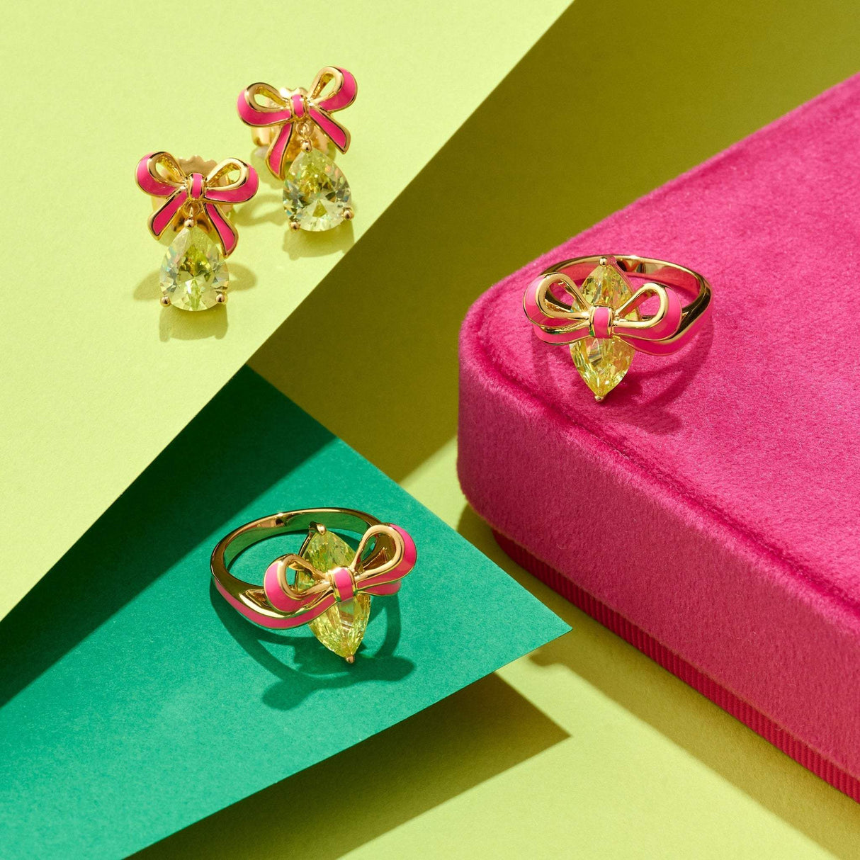 Amelia Bow Ring Bright Pink, Lime Green & Gold
