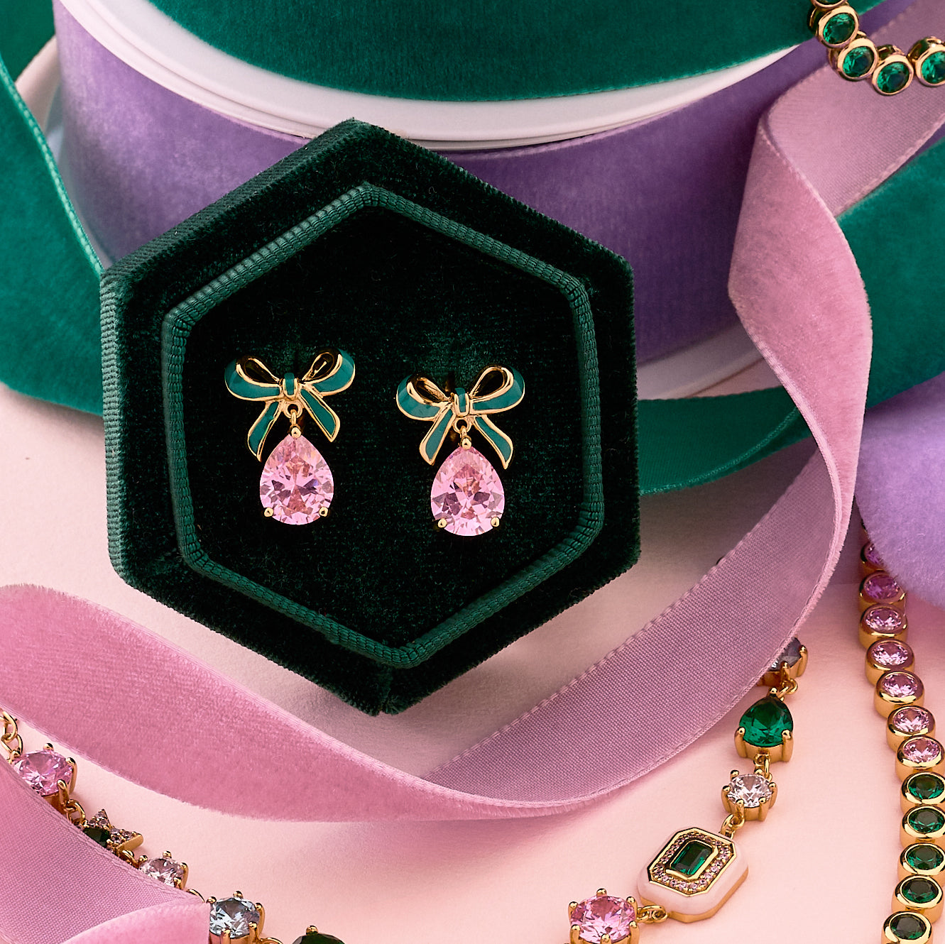 Amelia Bow Earrings Emerald, Blush Pink & Gold