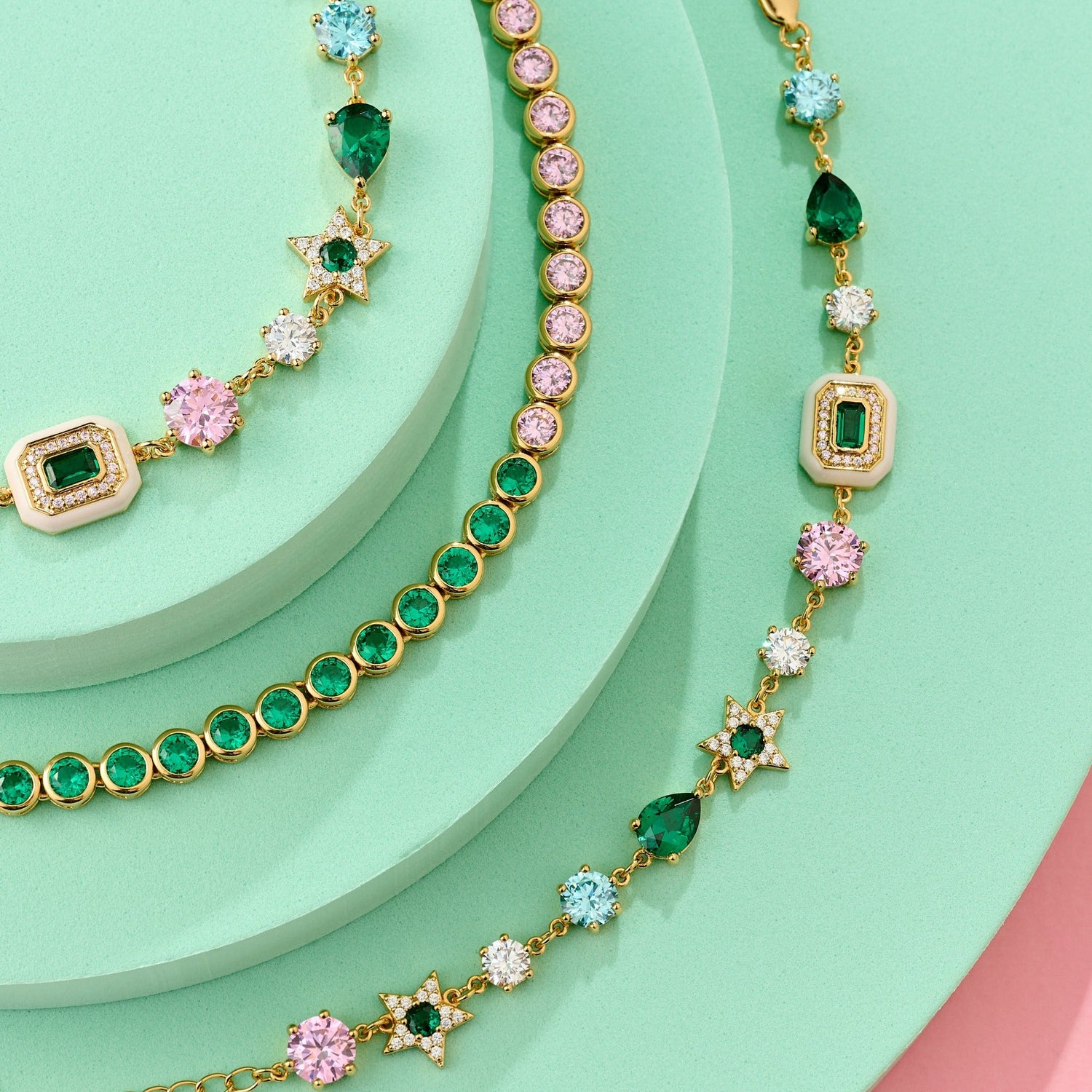 Dotty Tennis Bracelet, Pink, Emerald Green & Gold
