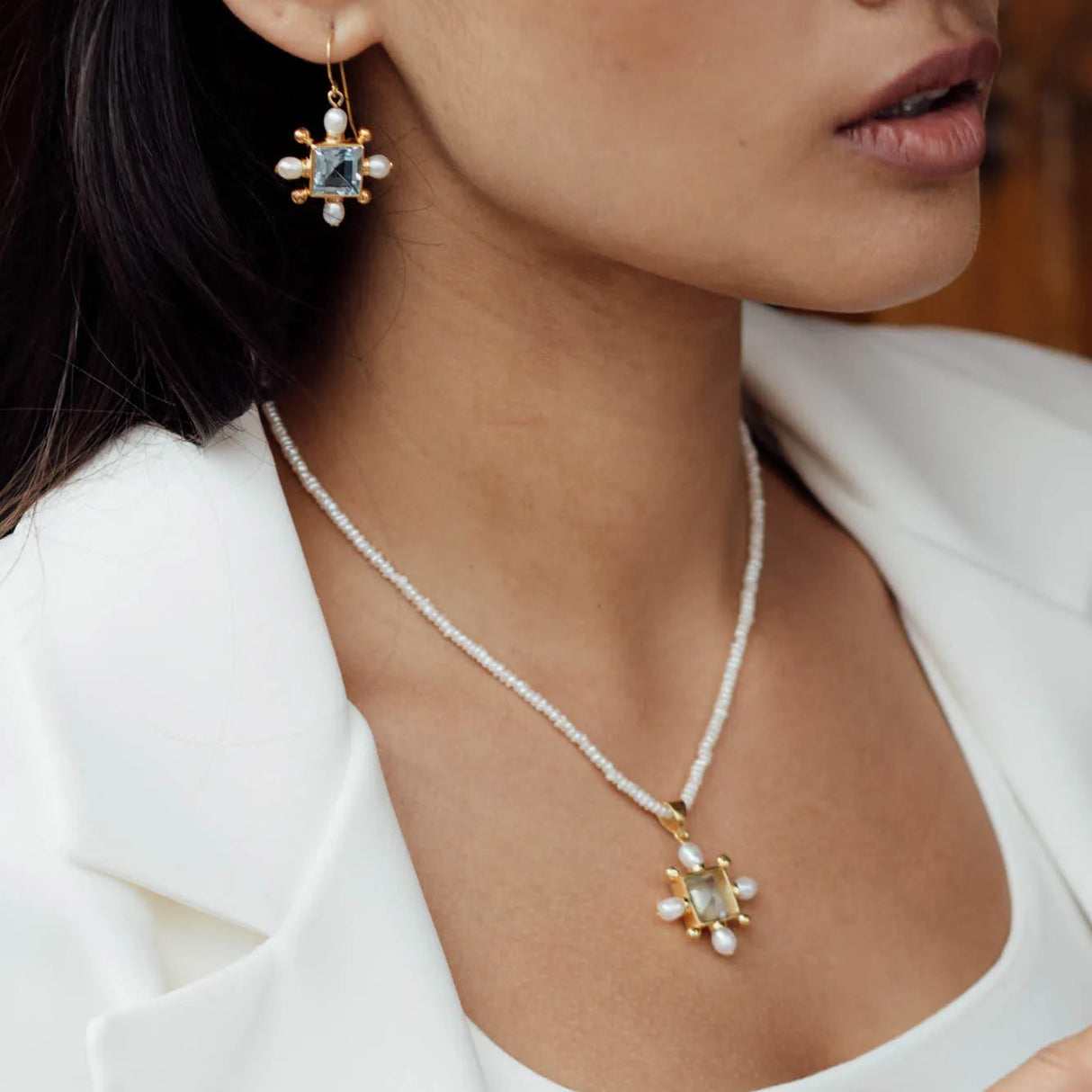 Seed Pearl Necklace With Blue Topaz Cross Pendant