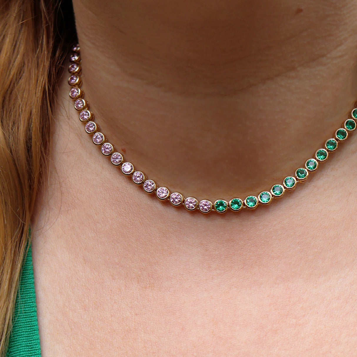 Dotty Tennis Necklace, Blush Pink, Emerald Green & Gold