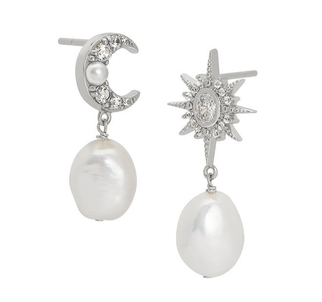 Luna Moon & Star Baroque Pearl Stud Earrings Silver
