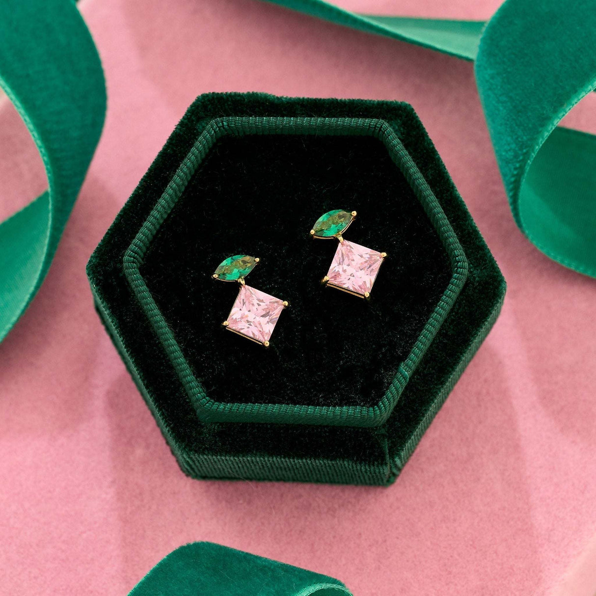 Esme Stud Earrings, Emerald Green, Pink & Gold