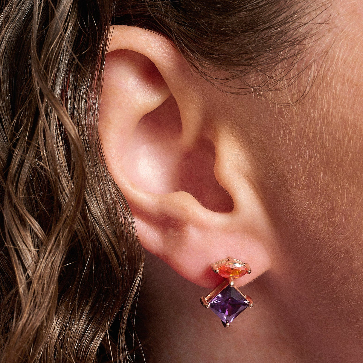 Esme Stud Earrings, Amethyst Purple, Orange & Rose Gold