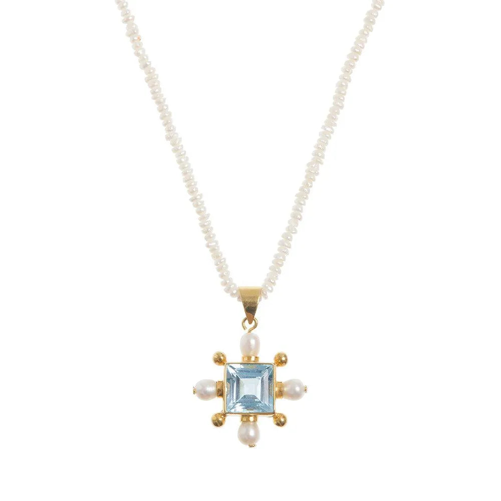 Seed Pearl Necklace With Blue Topaz Cross Pendant