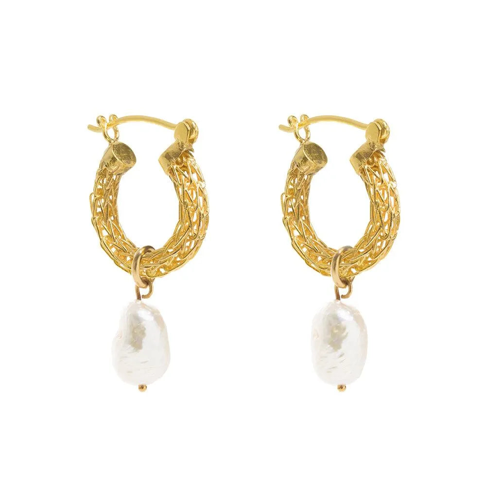 Gold Weave Mini Hoops With Baroque Pearl