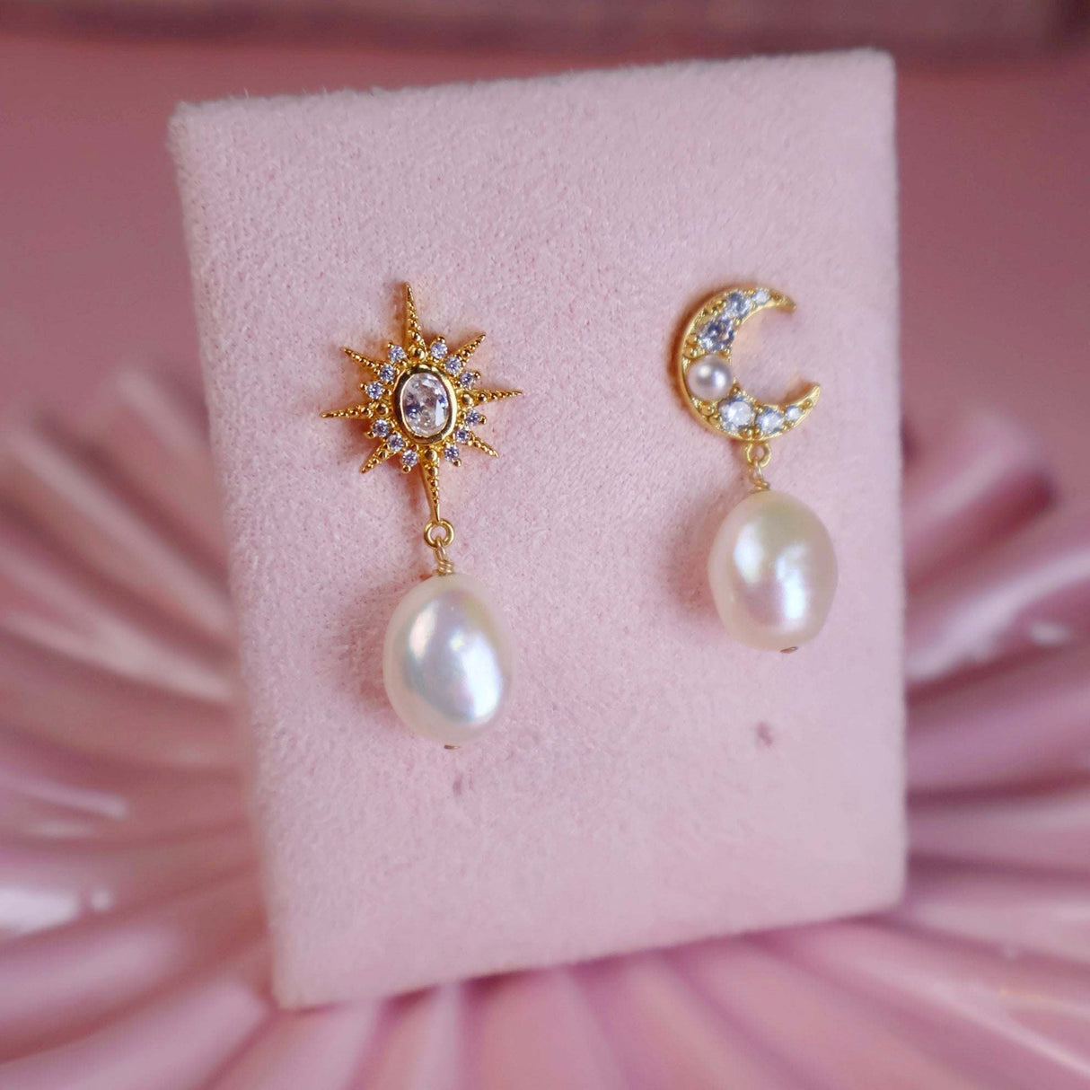 Luna Moon & Star Baroque Pearl Stud Earrings Gold