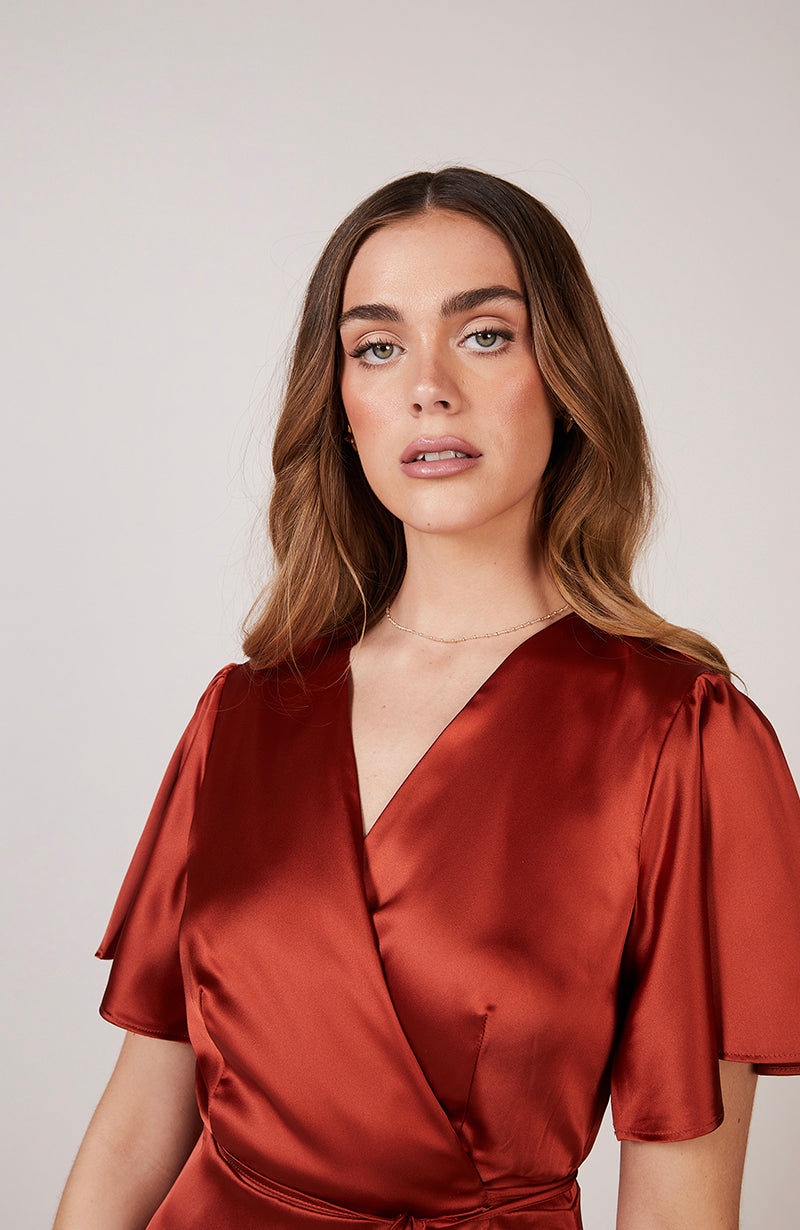 Florence Waterfall Dress in Burnt Orange Satin