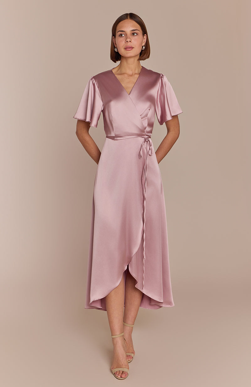 Florence Waterfall Dress in Rose Pink Satin