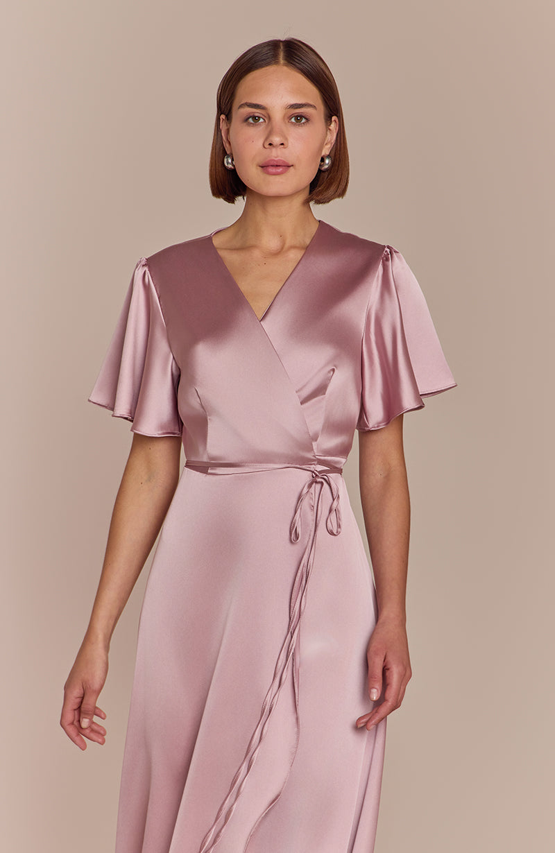 Florence Waterfall Dress in Rose Pink Satin