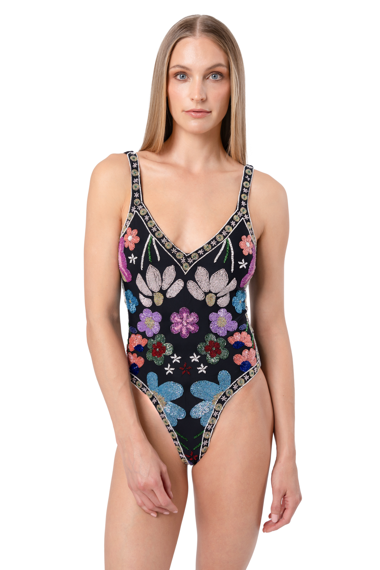 Flower Hand-Beaded Embellished One-Piece Swimsuit
