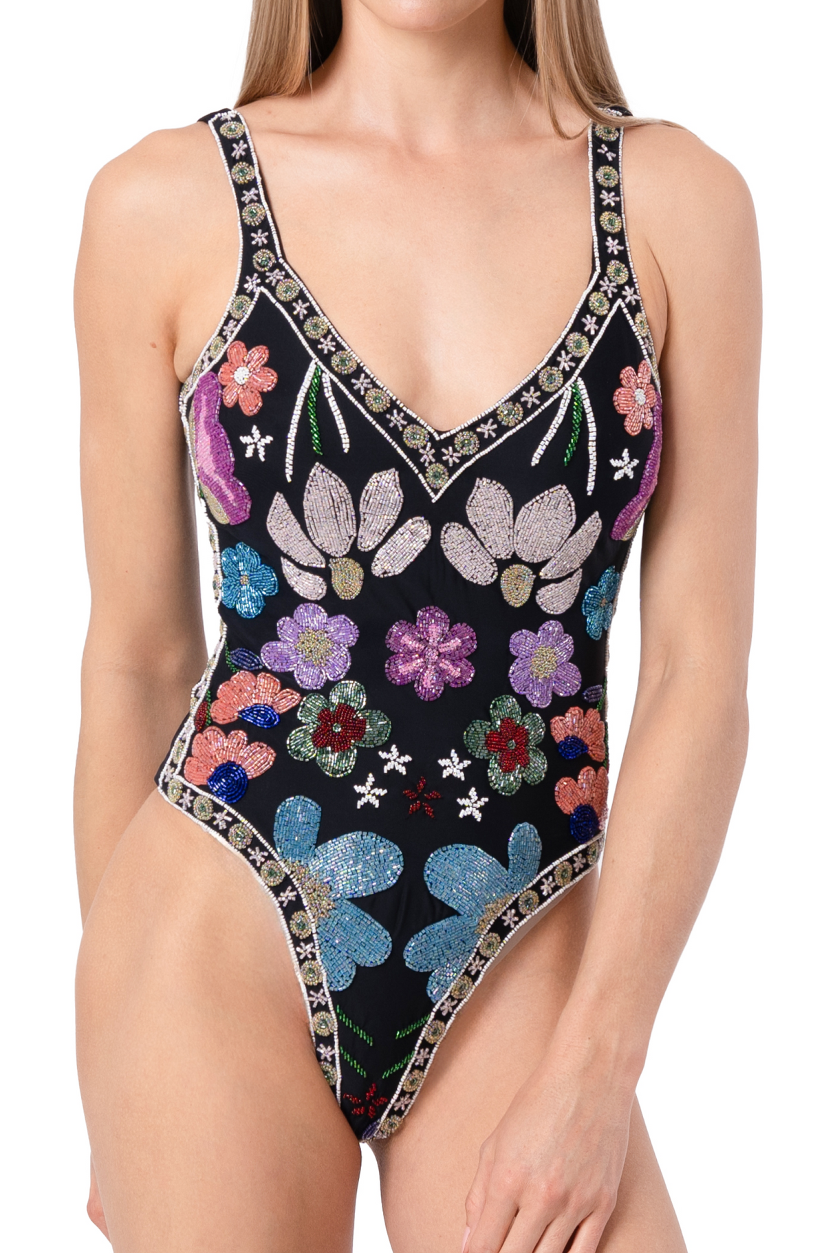 Flower Hand-Beaded Embellished One-Piece Swimsuit