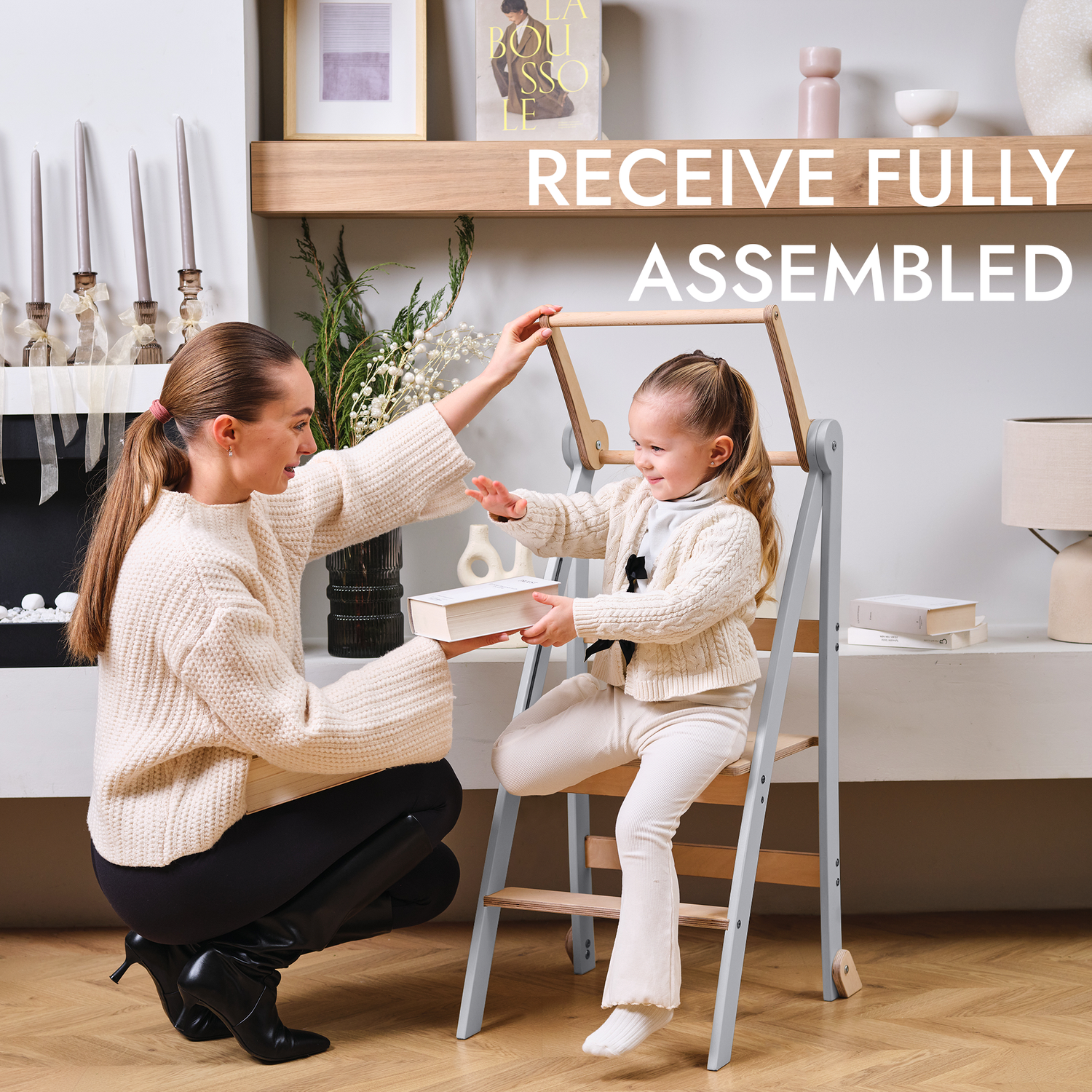 Folding Helping Stool – Montessori Growing Chair With Safety Rails for Toddlers – Grey