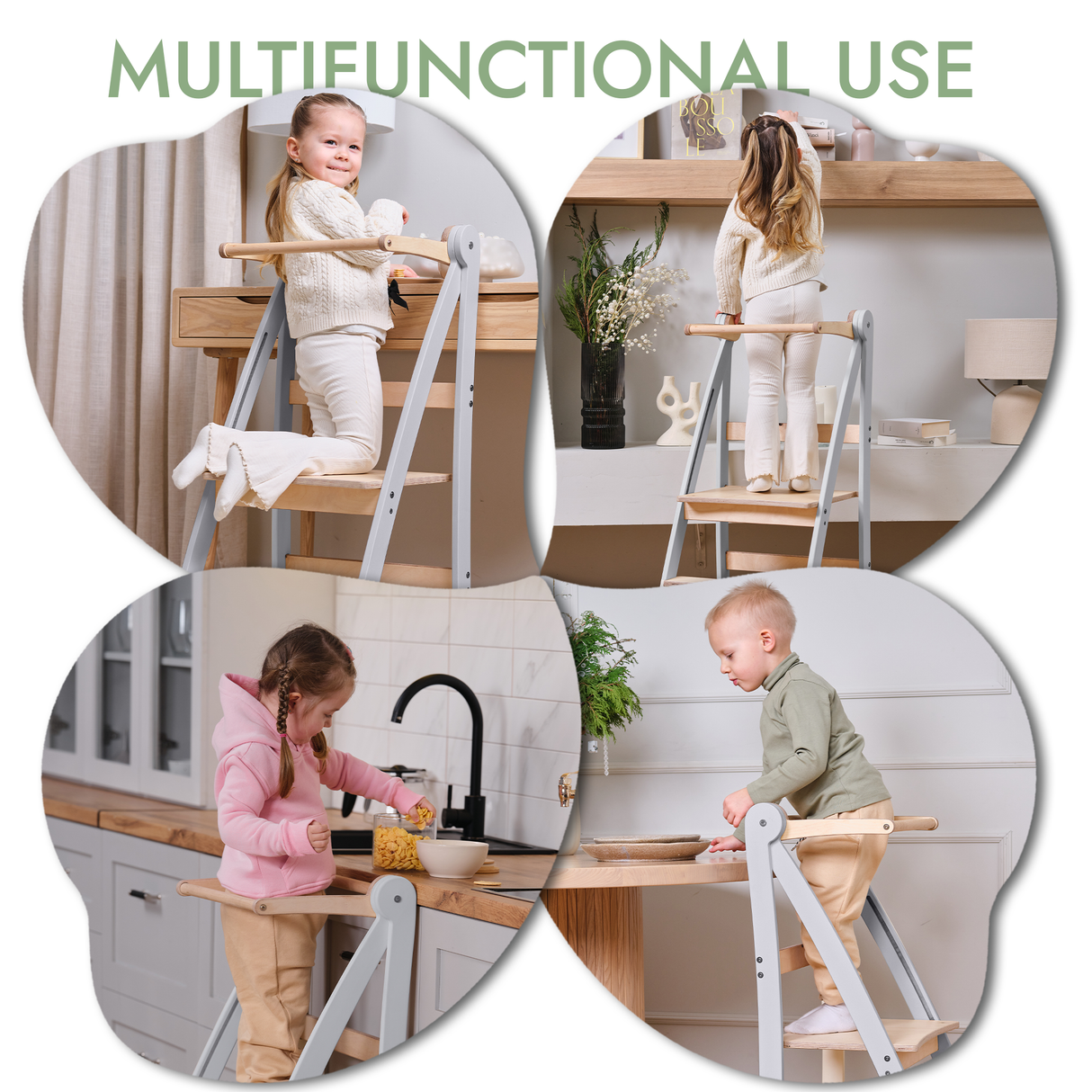 Folding Helping Stool – Montessori Growing Chair With Safety Rails for Toddlers – Grey