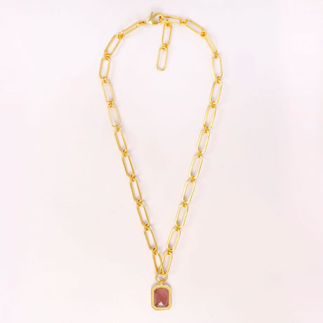 Paperclip Chain Rectangular Amber Crystal Necklace