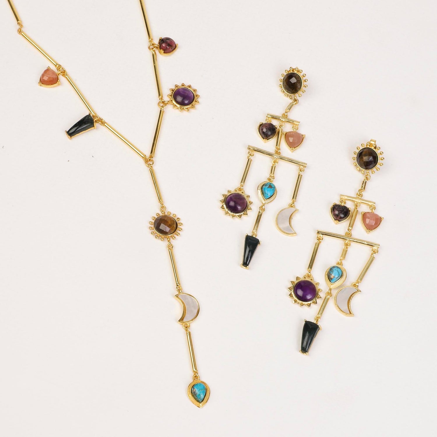 Stellar Elegance -  7 Healing Stones Multilayer Drop Earrings