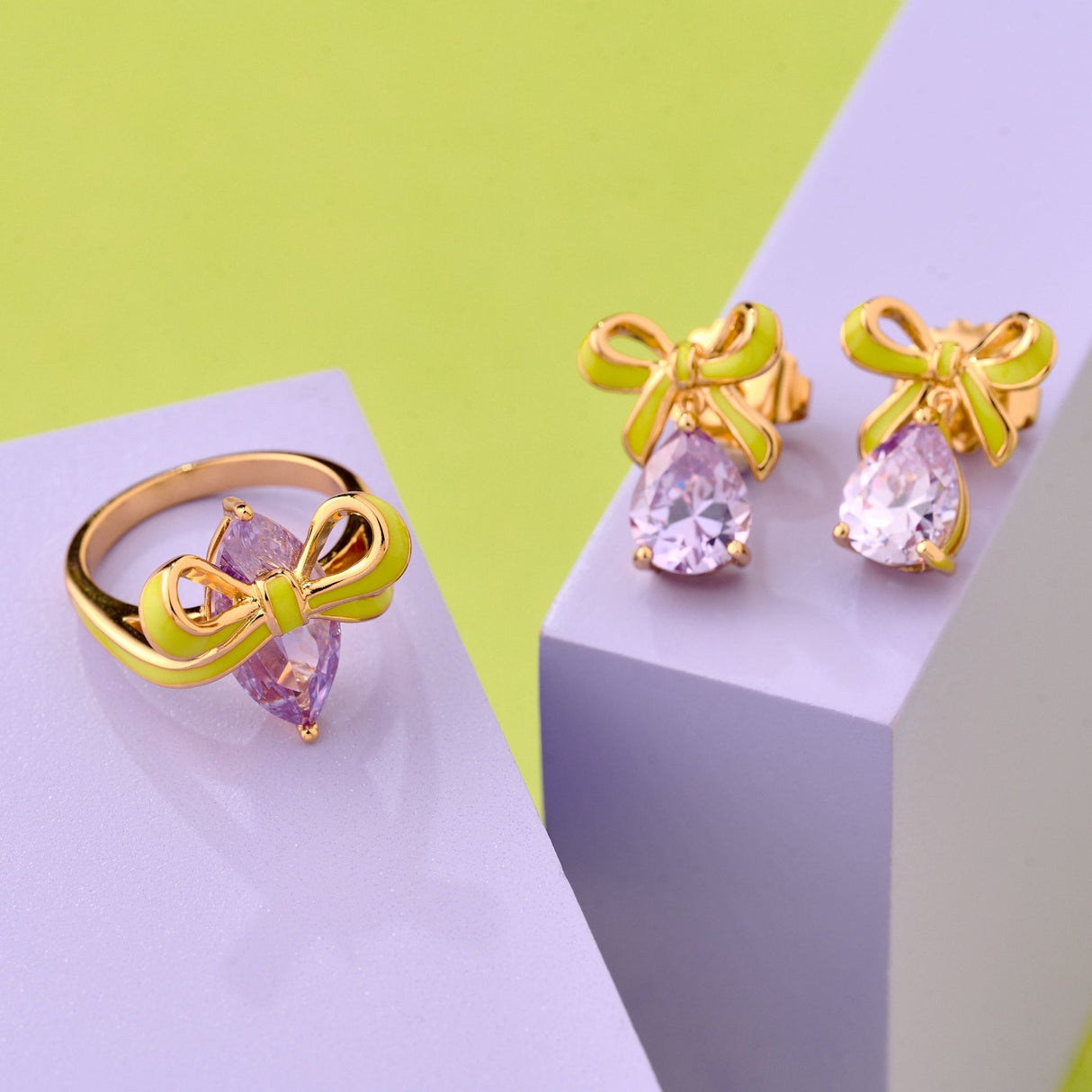 Amelia Bow Earrings Lime, Lilac & Gold