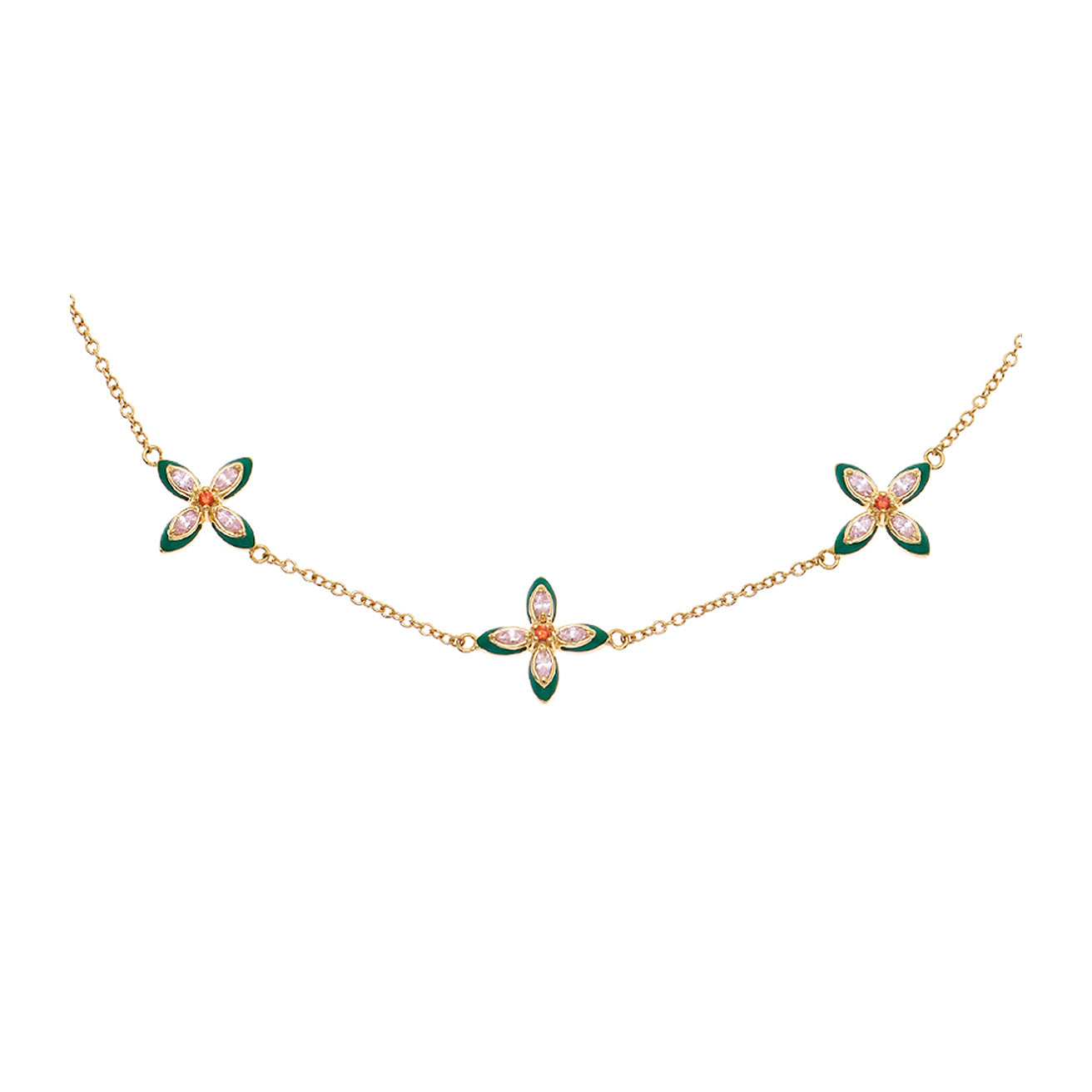 Lucky Clover Choker Necklace Emerald Enamel, Blush Pink & Gold