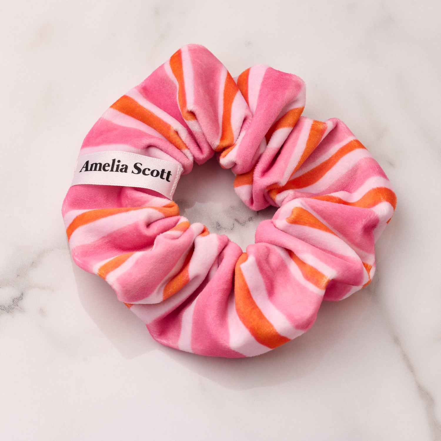 Lucy Pink & Orange Stripe Velvet Scrunchie