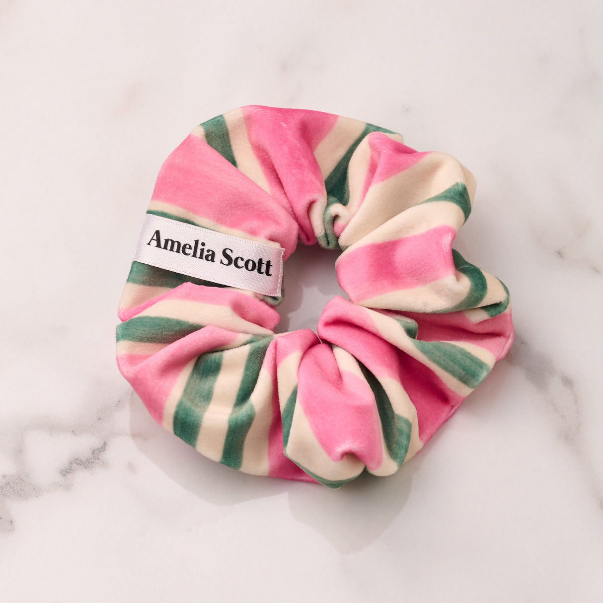 Lucy Pink & Green Stripe Velvet Scrunchie