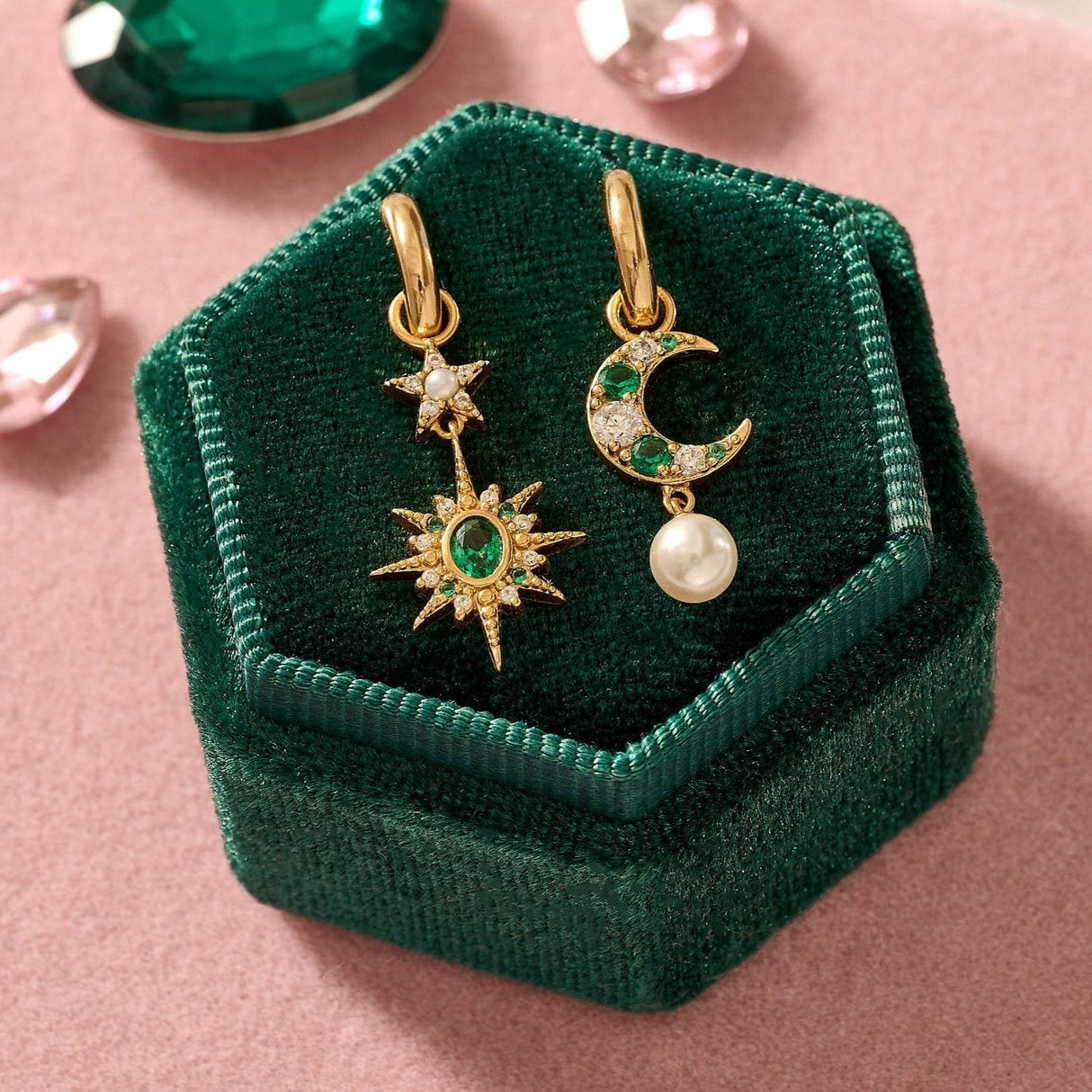 Luna Moon & Star Huggie Hoop Earrings Emerald Green & Gold