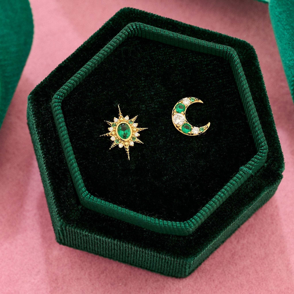 Luna Moon & Star Stud Earrings Emerald Green & Gold