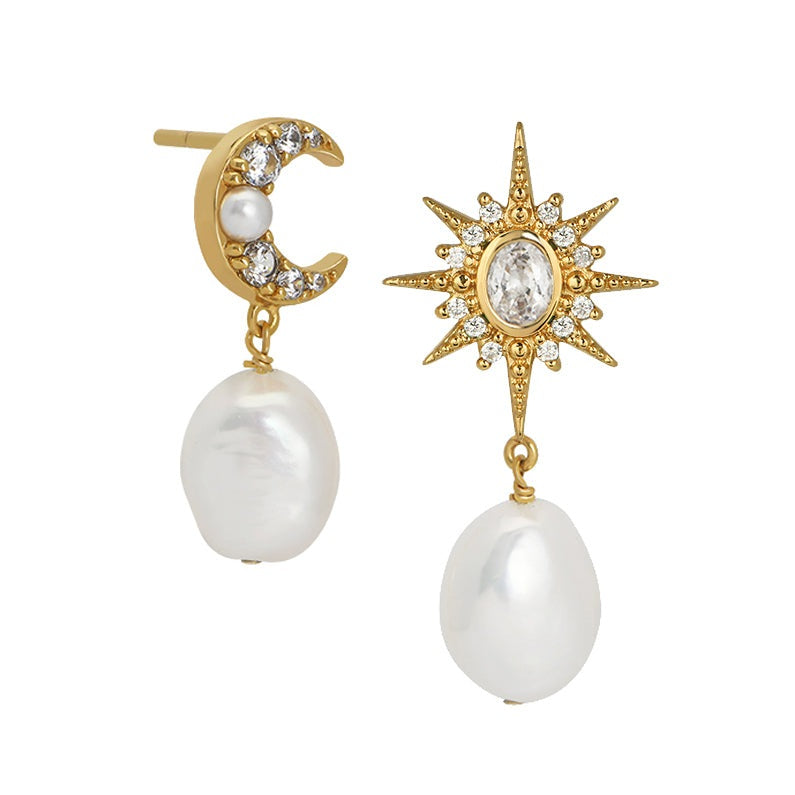 Luna Moon & Star Baroque Pearl Stud Earrings Gold
