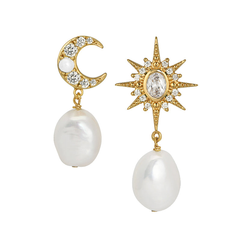 Luna Moon & Star Baroque Pearl Stud Earrings Gold