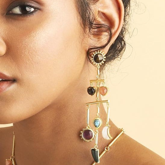 Stellar Elegance Combo - 7 Healing Stones Drop Necklace & Multilayer Drop Earrings